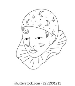 Vector aislado triste chico payaso actor de teatro en sombrero con gran cara de cuello redondo retrato incoloro línea de contorno blanco y negro fácil dibujo