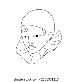 Vector isolated sad boy clown theatre actor in hat with big round collar head face portrait colorless black and white contour line easy drawing
