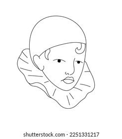 Vector isolated sad boy clown theatre actor in hat with big round collar head face portrait colorless black and white contour line easy drawing