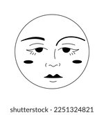 Vector isolated sad round circle face grimace eyes nose lips moon sun fairy tale character colorless black and white contour line easy drawing