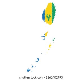 Vector of isolated Saint Vincent and the Grenadines map with the flag. Engraving style hatching pen pencil painting illustration concept.