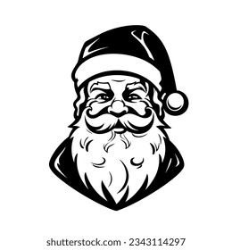 Vector isolated Santa Claus Father Christmas Saint Nicolas head face portrait stencil colorless black and white outline silhouette shadow shape