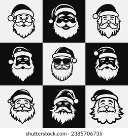 Vector Isolated Santa Claus, Father Christmas, Saint Nicolas Head Face Portrait Stencil. Black and White Flat Illustration, Santa Claus Shape with Outline, Silhouette