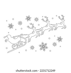 Vector isolated Santa Claus flying in sleight pulled by reindeers colorless black and white thin line stencil template for cutting