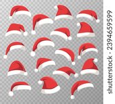 Vector Isolated Santa Claus Hat, Father Christmas Cap, Saint Nicolas Head Hats, Design Template. Vector Flat Illustration, Santa Claus Caps in Cartoon Flat Style