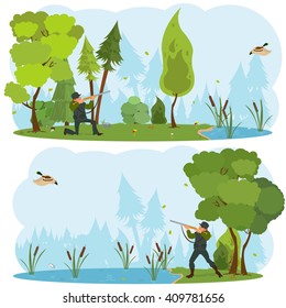 Vector isolated scenes of nature. hunter with a gun on a duck hunt. vector