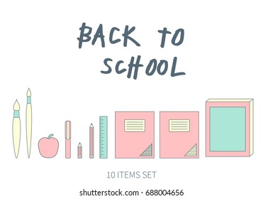 Vector isolated school attributes; icons; items; symbols in pink, light blue and yellow colors on white background. Pencil, book, notebook, apple, ruler, pen, brush. Back to school theme.