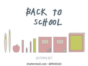 Vector isolated school attributes; icons; items; symbols in pink, green and beige colors on white background. Pencil, book, notebook, apple, ruler, pen, brush. Back to school theme.
