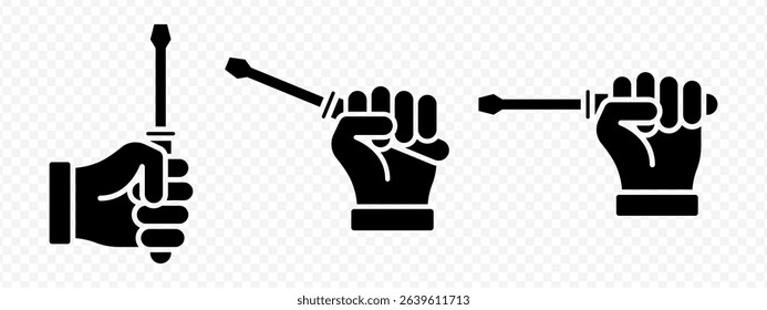 Vector isolated Screw Driver in Hand icon set in black fill