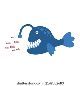 Vector isolated sea devil with little fish. Cute children illustration. Blue and pink colors.