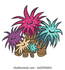 Vector isolated sea flower anemone in cartoon style. Hand drawn illustration