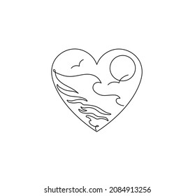 Vector isolated sea landscape in heart frame doodle line drawing. Drawn sea landscape waves and sun, seagulls.