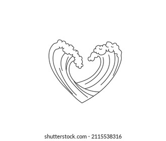Vector isolated sea wave in heart shape  heart ocean wave colorless black   white contour line drawing