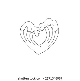 Vector aislado de ola marina en forma de corazón, dibujo de línea de contorno blanco y negro incoloro de onda oceánica