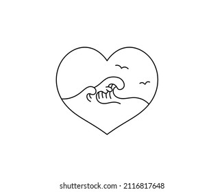 Vector isolated sea waves in heart shape  ocean valentine card colorless black   white contour line drawing