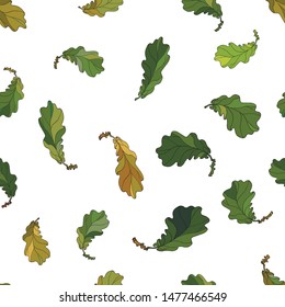 vector isolated seamless background of autumn realistic  multicolor, variegated oak leaves on white  background