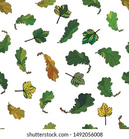 vector isolated seamless background of autumn realistic  multicolor, variegated oak and gooseberry leaves on white  background