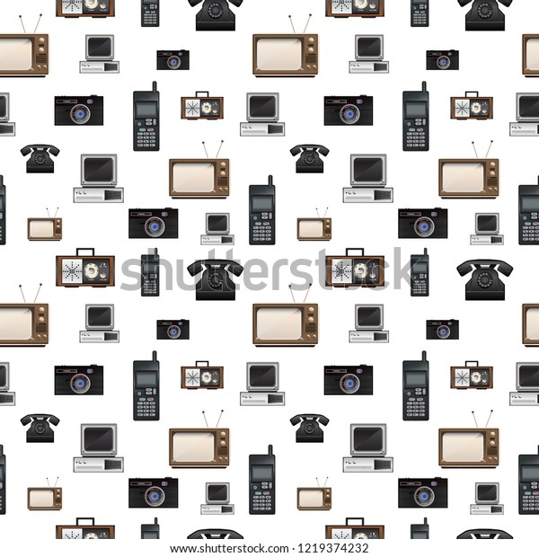 Vector isolated seamless pattern\
background with set of old retro portable electronics devices –\
telephone, cellphone, television, radio, computer and camera\
