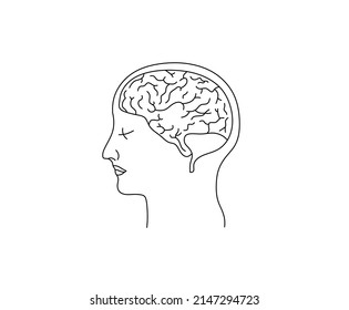 Vector isolated section of the head of a person with brain in profile colorless black and white contour line scheme drawing