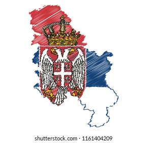 Vector of isolated Serbia map with the flag. Engraving style hatching pen pencil painting illustration concept.