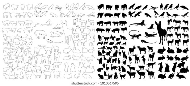 vector, isolated set of animal silhouettes, rabbits, donkeys, jaguars, crows, cat