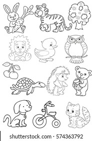 vector isolated set of animals cartoon, book coloring