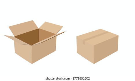 Vector Isolated Set of Carton Boxes, Opened and Closed