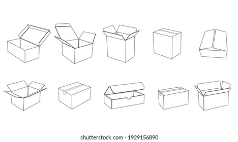 Vector Isolated Set of Carton Boxes. Black and White Isolated Illustration