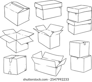 Vector Isolated Set of Carton Boxes. Black and White Isolated Illustration. Black line vector set