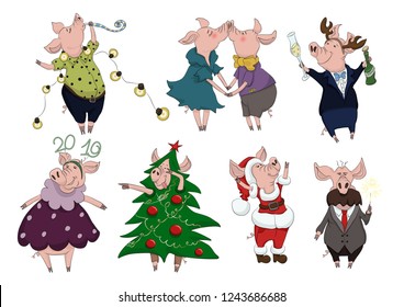 vector isolated set christmas pigs
