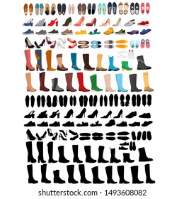 vector, isolated, set, collection of fashionable women's boots