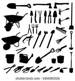 vector, isolated, set, collection of garden tools silhouettes