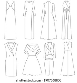 vector, isolated, set of contour dresses