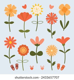 Vector Isolated set with cute spring flowers and animal prints in a flat cartoon style Perfect baby fabric