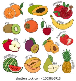 Vector isolated set of decorative kids fruit for print, decor. 