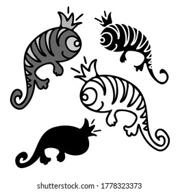 Diseño de ambientes aislados vectoriales con adornos adorables lagartos lindos con corona sobre blanco