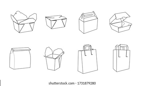 Vector Isolated Set of Different Paper Bags or Take Away Boxes in black and white
