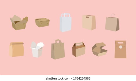 Vector Isolated Set of Different Paper Bags or Take Away Boxes