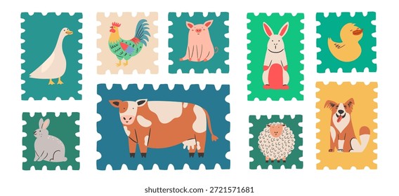 Vector aislado conjunto con sellos postales de animales de granja en estilo dibujado a mano. Tarjetas de dibujos animados con ganado. 
