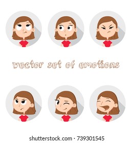 Vector isolated set of female avatar. Woman in crimson dress and beads. Big eyes and thin eyebrows. Girl with natural hair loose. Template for stickers, emblems, cards.