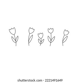 Vector isolated set of five small cute tulips colorless black and white contour line easy drawing