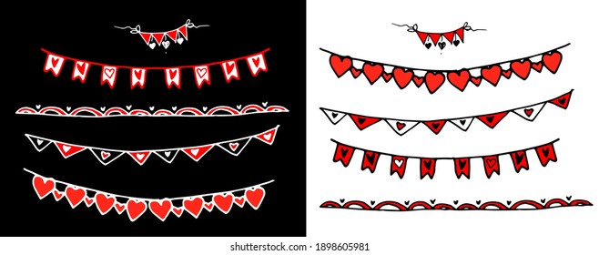 vector isolated set of flags garland hearts of black and white outline with red color on white and black background. Romantic element for the design template Invitation card, banner, greeting card.