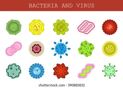 Vector isolated set of flat icons of microscopic organisms, microbe, bacteria, virus, microorganism in cartoon style. Conception of medical health, allergy, epidemic disease, danger illness, hygiene. 