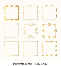 Vector isolated set of golden vintage wedding square frames and gold fancy flourish borders. Calligraphic design elements.