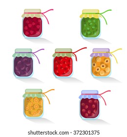 Vector isolated set of jam jar with cherries, raspberries, gooseberries, plums, strawberries, apricots, oranges. Collection on white background. Eco, green, homemade healthy, tasty sweets