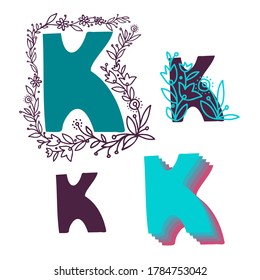 Conjunto vectorial aislado de letra K del alfabeto inglés con decoración floral ornamental en rosa y azul. Perfecto para libros, afiches, pegatinas, decoraciones, papelería, cuadernos.