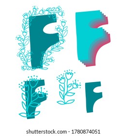 Vector isolated set of lower case letter F of English alphabet with ornamental floral decor in pink and blue. Perfect for books, posters, stickers, decorations, stationary, notebooks.