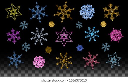 Vector Isolated Set - Luxury Christmas Glitter Snow flakes - Gold, Blue, Pink Snow flakes Pattern Design. Colorful Snow flakes Decor. Shiny Stars and Snowflakes without background.