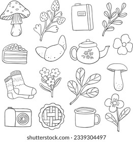 Vector isolated set of mushroom, croissant, flower, leaf, cup , Leaf, sock and pie. line set