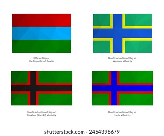 Vector isolated set with with national Karelian and unofficial Ludian, Livviki, Veps ethnicity flags, that is russian region. Volume shadow in low poly style. White background